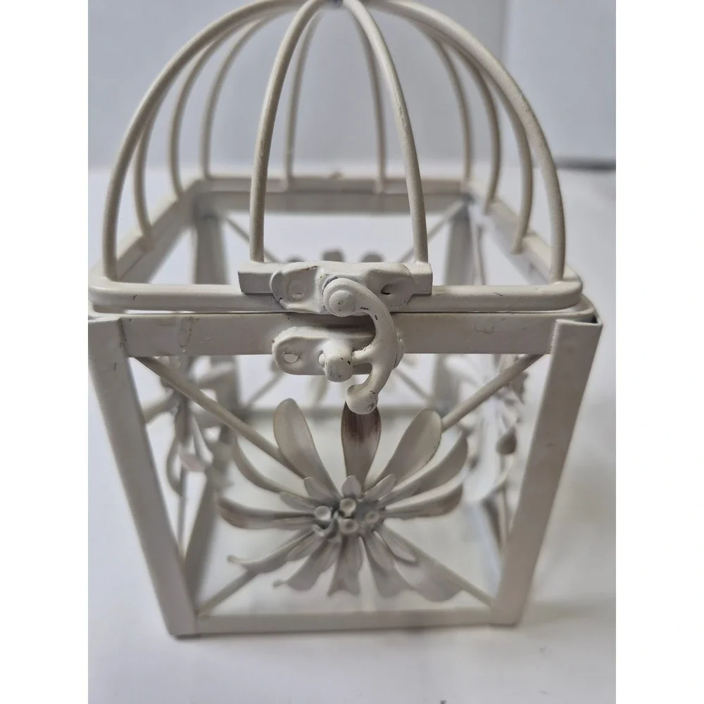 Vintage Shabby Chic White Metal Birdcage Lantern Floral Tea Light Holder 6.5in